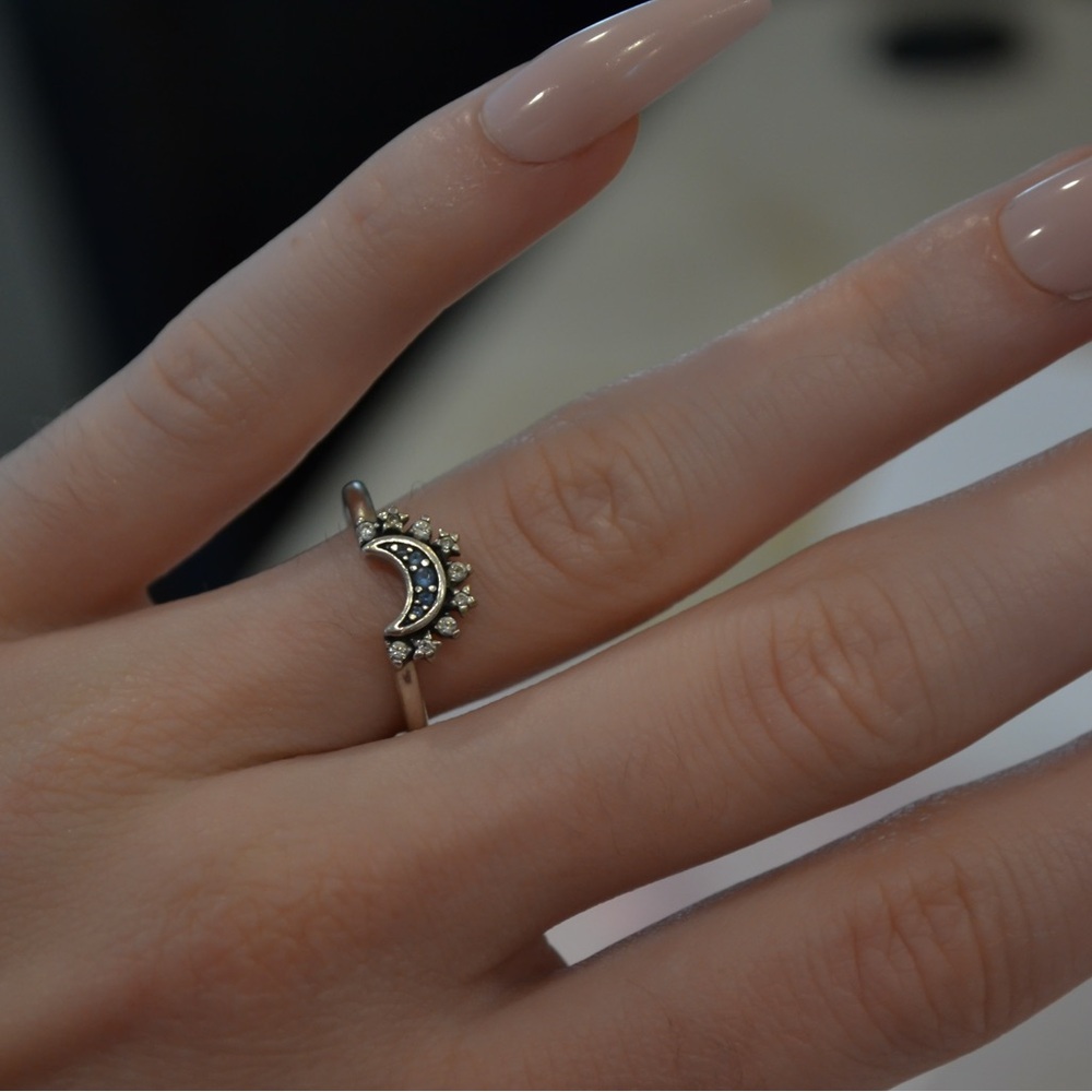Pandora Celestial Blue Sparkling Crescent Moon Ring